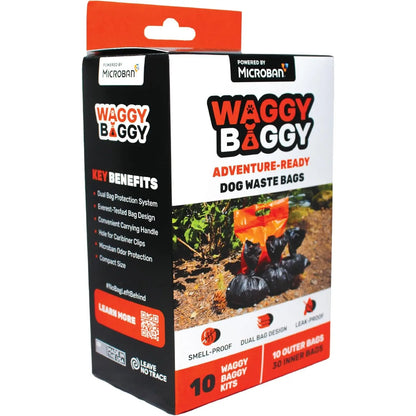 Cleanwaste Waggy Baggy Adventure-Ready Dog Waste Bags with Smell-Proof Dual Bag System and Convenient Carry Handle, 10 Count