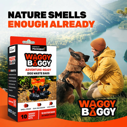 Cleanwaste Waggy Baggy Adventure-Ready Dog Waste Bags with Smell-Proof Dual Bag System and Convenient Carry Handle, 10 Count