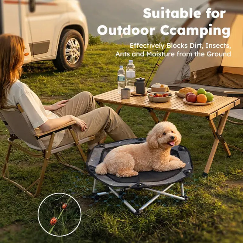 Pecute Elevated Dog Bed with Cooling Blanket - 16Mm Foldable Portable Steel Frame, Hose-Cleanable Mesh Saves Time, 60Kg Weight Capacity, Fold Back in 3S, Storage Bag, for Small Dogs Poodle, Patio Camping Outdoor Pet Cot, Plain