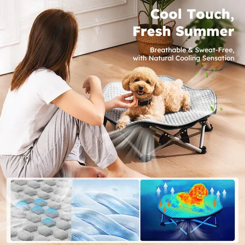 Pecute Elevated Dog Bed with Cooling Blanket - 16Mm Foldable Portable Steel Frame, Hose-Cleanable Mesh Saves Time, 60Kg Weight Capacity, Fold Back in 3S, Storage Bag, for Small Dogs Poodle, Patio Camping Outdoor Pet Cot, Plain