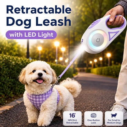 Pawzseek LED Retractable Safety Dog Leash for Small to Medium Dogs up to 110 lbs - Automatic Extendable Design