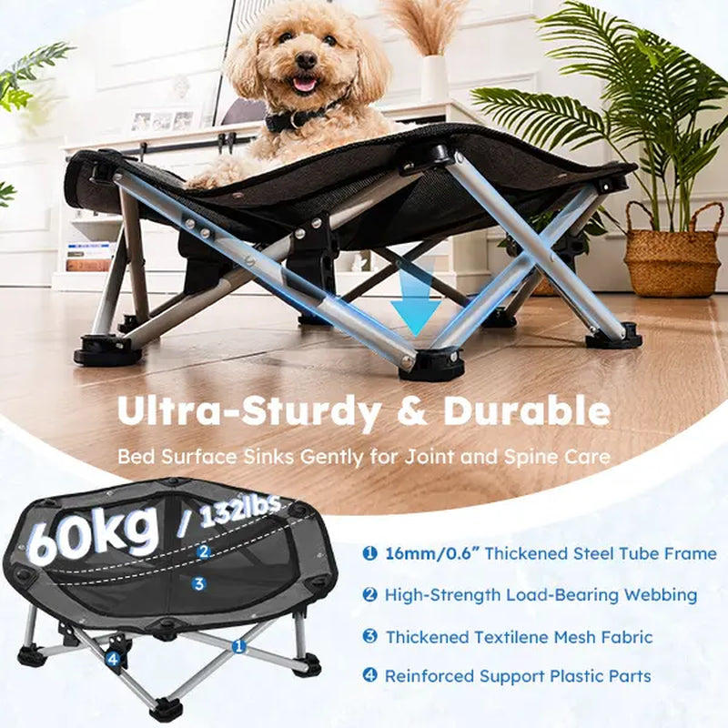 Pecute Elevated Dog Bed with Cooling Blanket - 16Mm Foldable Portable Steel Frame, Hose-Cleanable Mesh Saves Time, 60Kg Weight Capacity, Fold Back in 3S, Storage Bag, for Small Dogs Poodle, Patio Camping Outdoor Pet Cot, Plain