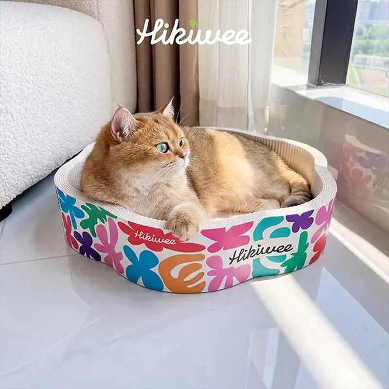 Hikiwee Calming Sunken Flower Cat Scratcher Bed, Cozy Flower Shaped Design for Sensitive Cats, Heavy-Duty Less-Shedding Paperboard Cat Scratcher with Anti-Dust Base