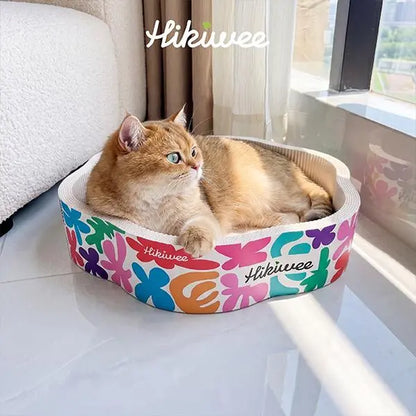Hikiwee Calming Sunken Flower Cat Scratcher Bed, Cozy Flower Shaped Design for Sensitive Cats, Heavy-Duty Less-Shedding Paperboard Cat Scratcher with Anti-Dust Base