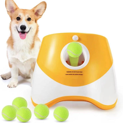 Dog Automatic Ball Launcher - Auto Launch, PVC Material, 3 Distances, 2200Mah Li-Ion Battery, 3 Tennis Balls Included, Supervised Use, Indoor/Outdoor Interactive Indoor Training Toy for Small-Medium Dogs, Indoor Training Ball