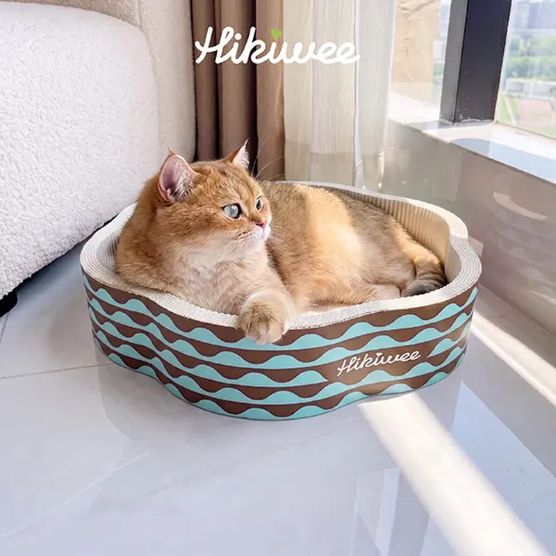 Hikiwee Calming Sunken Flower Cat Scratcher Bed, Cozy Flower Shaped Design for Sensitive Cats, Heavy-Duty Less-Shedding Paperboard Cat Scratcher with Anti-Dust Base