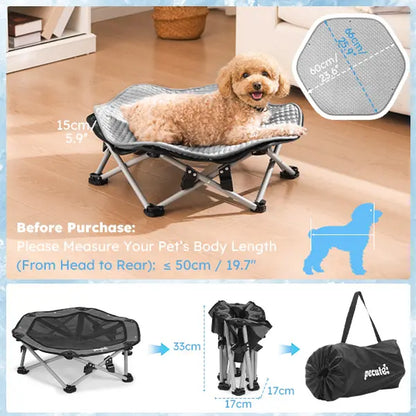 Pecute Elevated Dog Bed with Cooling Blanket - 16Mm Foldable Portable Steel Frame, Hose-Cleanable Mesh Saves Time, 60Kg Weight Capacity, Fold Back in 3S, Storage Bag, for Small Dogs Poodle, Patio Camping Outdoor Pet Cot, Plain