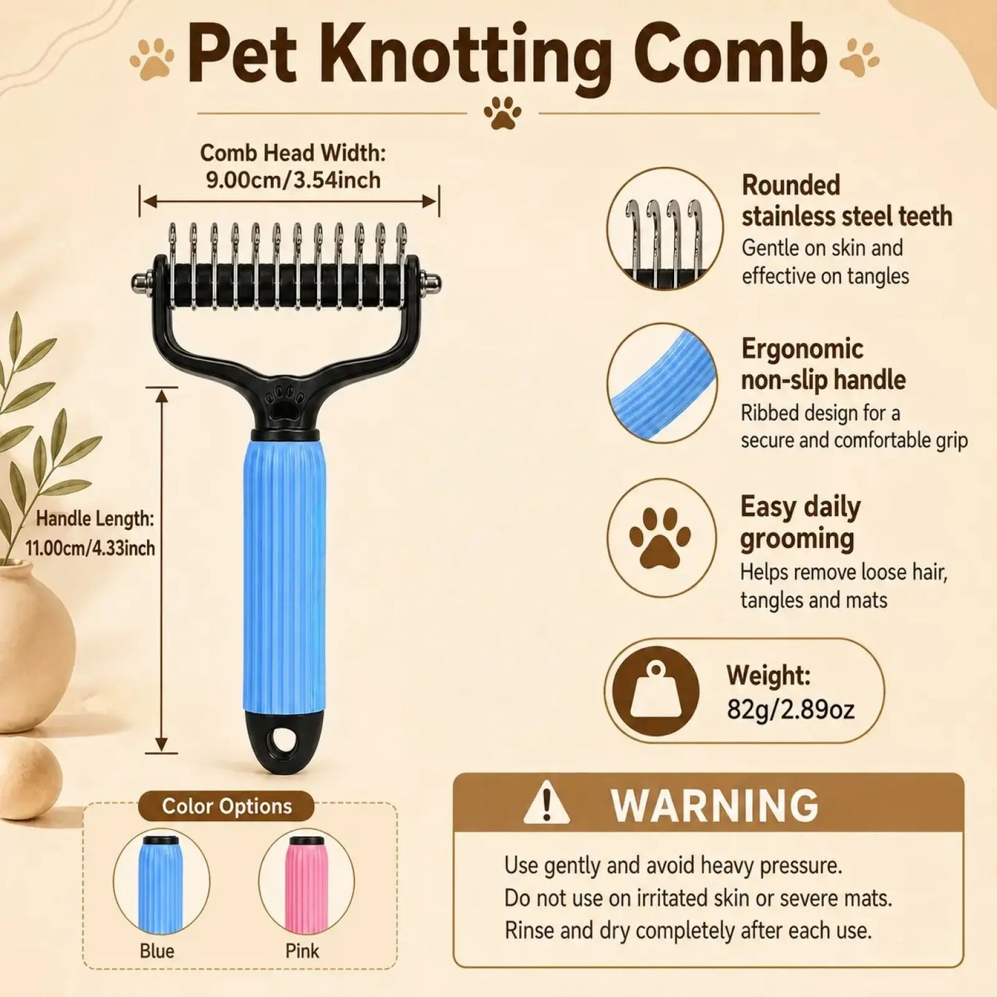 Pet Detangling Comb for Dogs and Cats,Stainless Steel Pet Grooming Tool for Loose Hair Removal,Light Mats, Tangles,Shedding and Daily Coat Care
