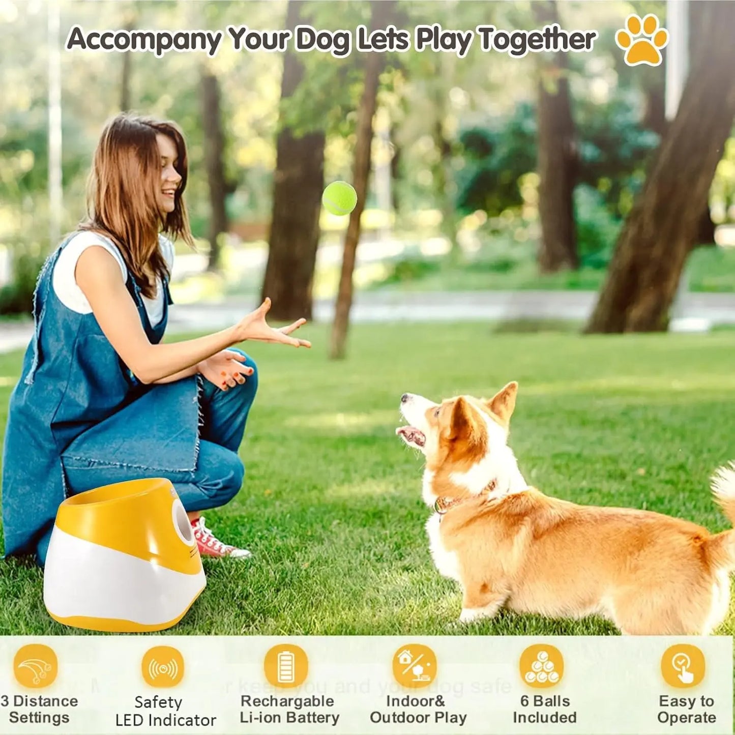 Dog Automatic Ball Launcher - Auto Launch, PVC Material, 3 Distances, 2200Mah Li-Ion Battery, 3 Tennis Balls Included, Supervised Use, Indoor/Outdoor Interactive Indoor Training Toy for Small-Medium Dogs, Indoor Training Ball