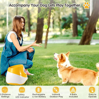 Dog Automatic Ball Launcher - Auto Launch, PVC Material, 3 Distances, 2200Mah Li-Ion Battery, 3 Tennis Balls Included, Supervised Use, Indoor/Outdoor Interactive Indoor Training Toy for Small-Medium Dogs, Indoor Training Ball