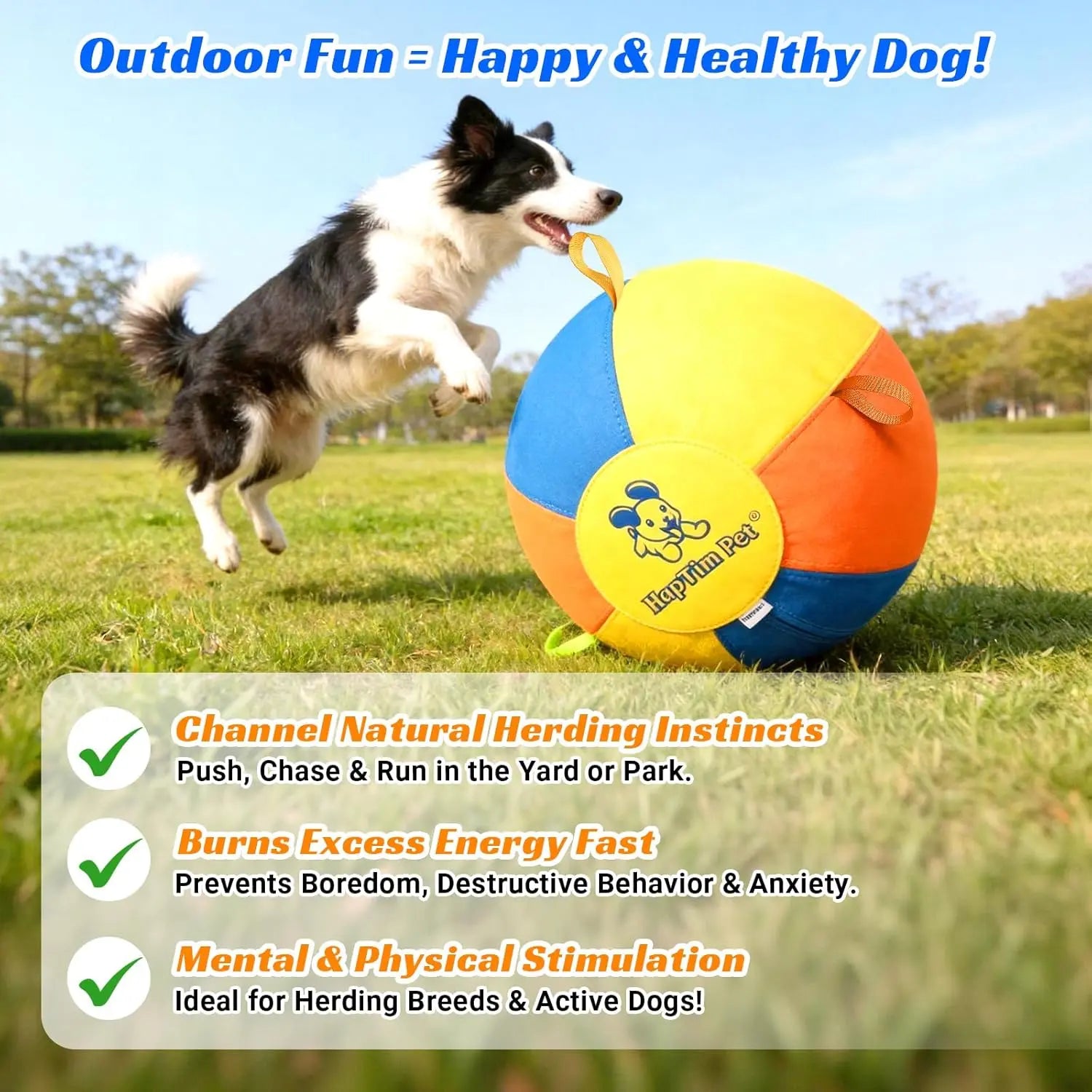 Hap Tim Interactive Herding Ball for Dogs - Durable Outdoor Training Toy for Medium to Large Breeds, Including Corgis, Australian Shepherds, Cattle Dogs, and Border Collies (Not Suitable for Aggressive Chewing)
