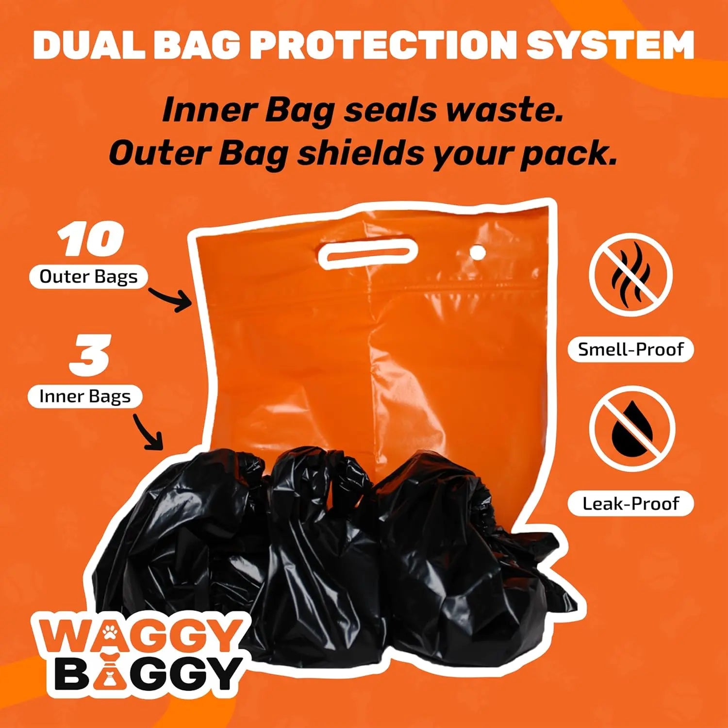 Cleanwaste Waggy Baggy Adventure-Ready Dog Waste Bags with Smell-Proof Dual Bag System and Convenient Carry Handle, 10 Count