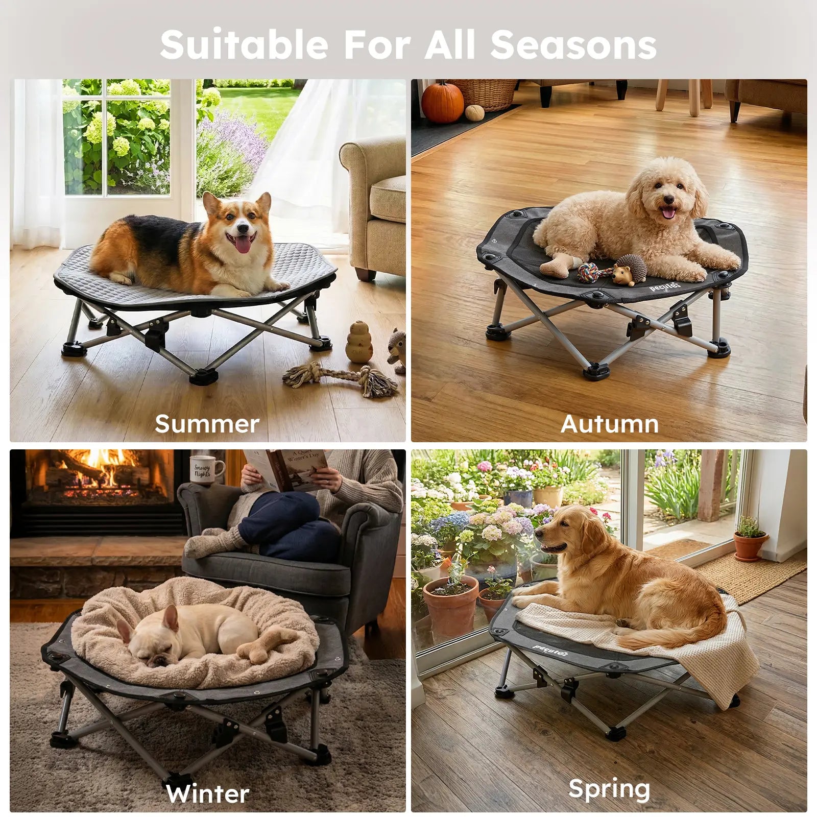 Pecute Elevated Dog Bed with Cooling Blanket - 16Mm Foldable Portable Steel Frame, Hose-Cleanable Mesh Saves Time, 60Kg Weight Capacity, Fold Back in 3S, Storage Bag, for Small Dogs Poodle, Patio Camping Outdoor Pet Cot, Plain