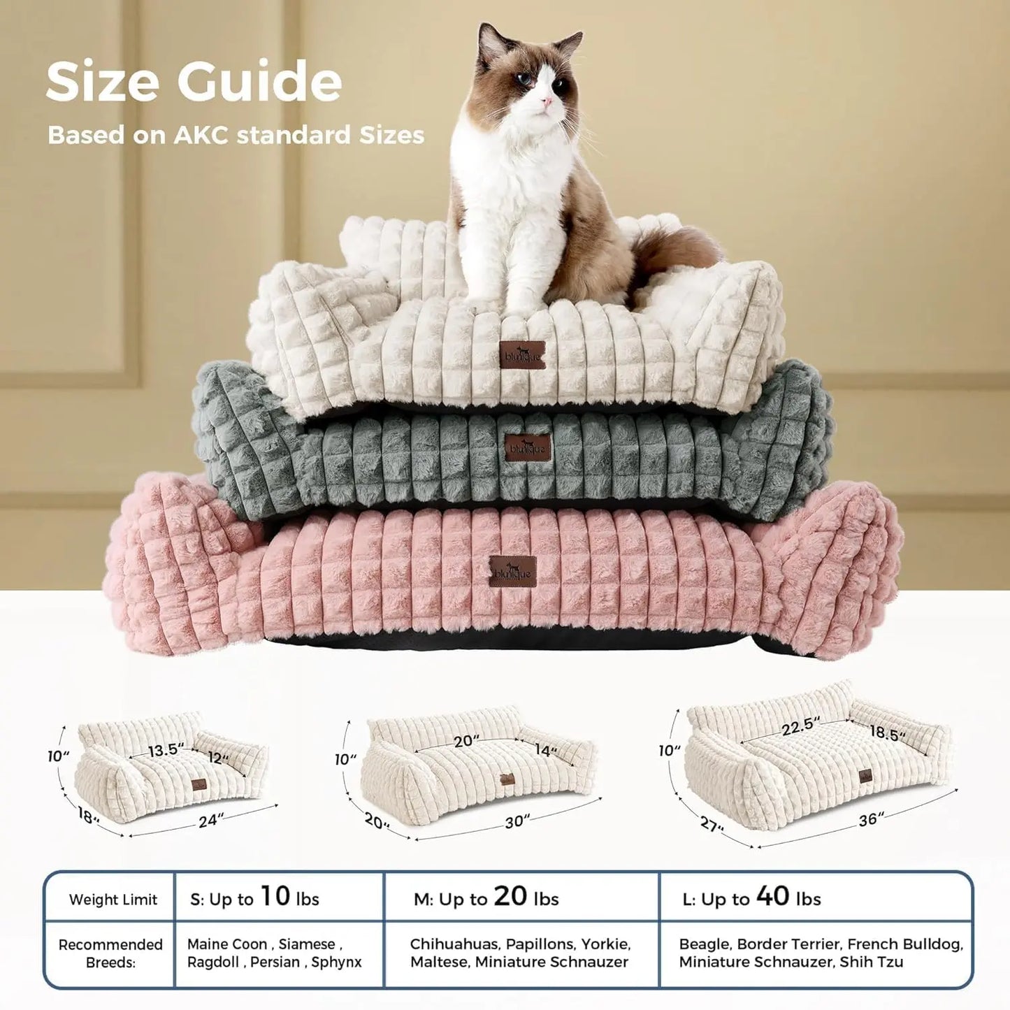 Blunique 3D Diamond Pet Couch Bed, Furniture-Style Faux Rabbit Fur Mini Sofa with Sturdy 3-Sided Bolsters, Non-Slip Base and Removable Washable Cover