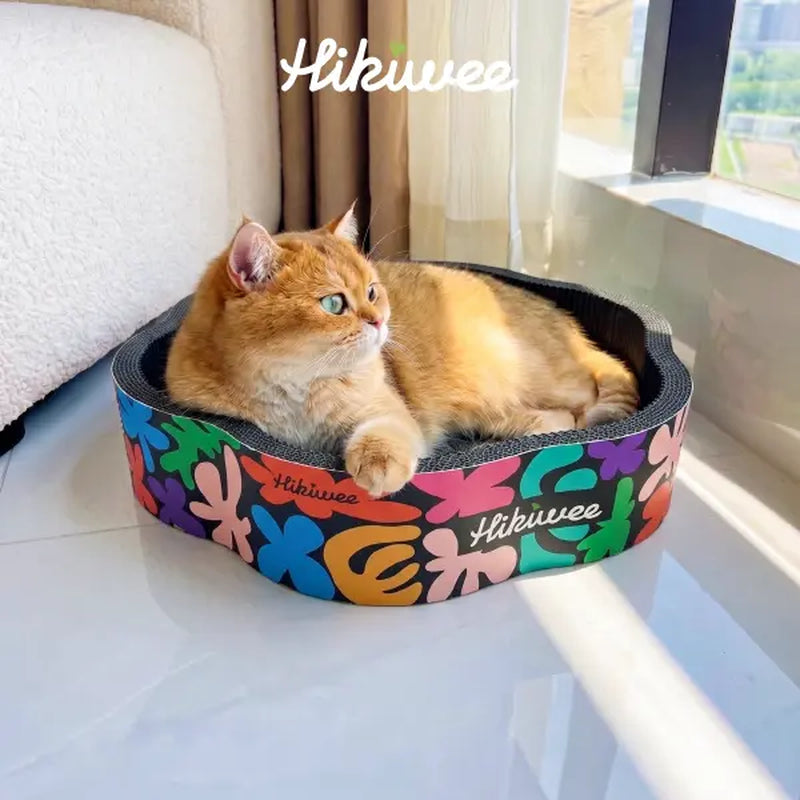 Hikiwee Calming Sunken Flower Cat Scratcher Bed, Cozy Flower Shaped Design for Sensitive Cats, Heavy-Duty Less-Shedding Paperboard Cat Scratcher with Anti-Dust Base