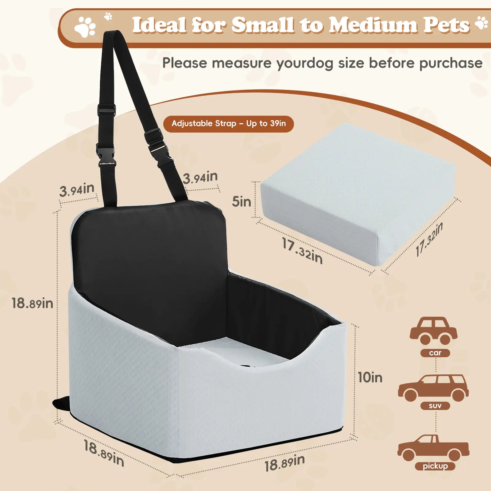 【Dealsforyoudays】 Dog Car Seat for Small Dogs & Cats, All-Season Reversible Design, Enclosed Pet Car Seat with Seat Belt Straps, Non-Slip Waterproof Travel Bed for Car & Outdoor Use Summervibes Petlovers Summerwins